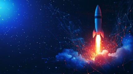 A rocket blasts off into space with a trail of fire and smoke, surrounded by a blue and black nebula.