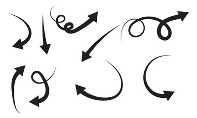 Charcoal hand drawn pencil arrows. Doodle curved chalk darts. Texture design elements of scribble lines. Vector illustration of hand painted crayon check lines.