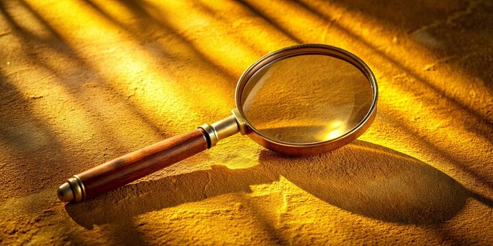 A vintage magnifying glass lies on a textured, golden surface, illuminated by a warm, soft light streaming through a window, casting long, parallel shadows.