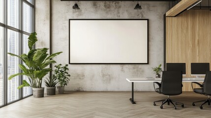 Fototapeta premium Modern office space with a large blank canvas on the wall, two desks, and two black chairs. There are two potted plants and a large window with a city view.