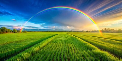 Fototapeta premium A Vibrant Rainbow Arcing Over Lush Green Fields, Bathed in the Golden Hues of a Setting Sun