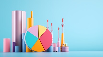 Obraz premium A colorful pie chart is placed in front of a city skyline