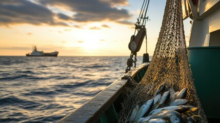Sea expedition: fishing vessel gliding across waves, symbolizing resilience, allure of aquatic life, timeless tradition of fishing that connects communities with their rich maritime heritage.