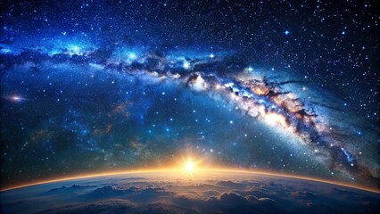 Naklejka premium A celestial panorama of a star-filled night sky with the Milky Way galaxy stretching across the horizon, a breathtaking spectacle of cosmic wonder as dawn breaks over a misty planet
