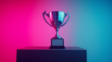 Fototapeta premium A silver trophy with a blank nameplate sits on a dark platform against a neon pink and blue backdrop.