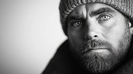 Fototapeta premium Black and White Portrait of a Man in His 30s with White Background, Capturing Raw, Unfiltered Expression and Character in Monochrome Style