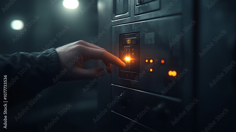 Aufkleber A hand pressing a button on a control panel, illuminated by soft lights, creating a focused and mysterious atmosphere.