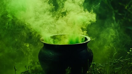 Mysterious black cauldron with green smoke in