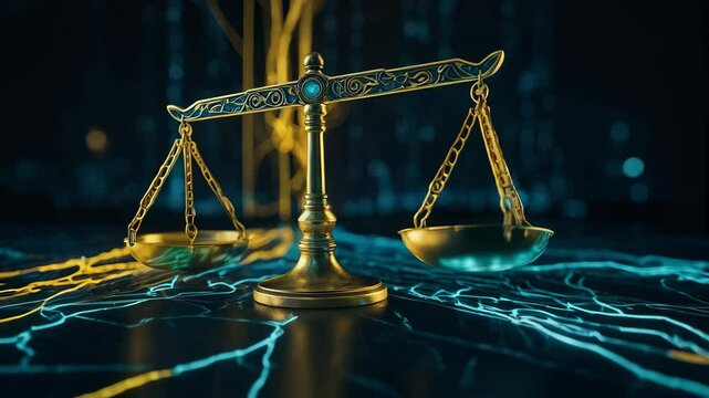 A close-up image of a golden scale of justice, a symbol of fairness and impartiality, placed on a dark background.