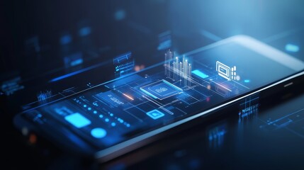 Obraz premium A smartphone with a glowing blue circuit board on the screen.