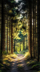 Obraz premium A sunlit path through a dense forest with tall trees on either side.