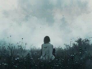 Obraz premium Solitude in a Field of Dreams: A Woman Contemplates the Foggy Sky