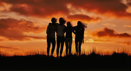 A Group of friends sitting on a hill, silhouetted by a vibrant sunset. They&rsquo;re laughing, arms around each other, watching the sky