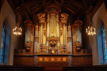 Obraz premium A grand, intricately designed pipe organ in a dimly lit church interior, showcasing ornate carvings and majestic architecture under soft chandelier lighting.