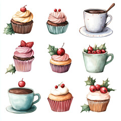 watercolor, realistic, detailed illustration of various cakes and cupcakes in coffee mugs, surrounded by holly leaves, on a white background