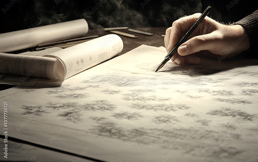 Poster A hand writing on parchment, surrounded by scrolls, creating intricate designs or notes in a dimly lit environment.