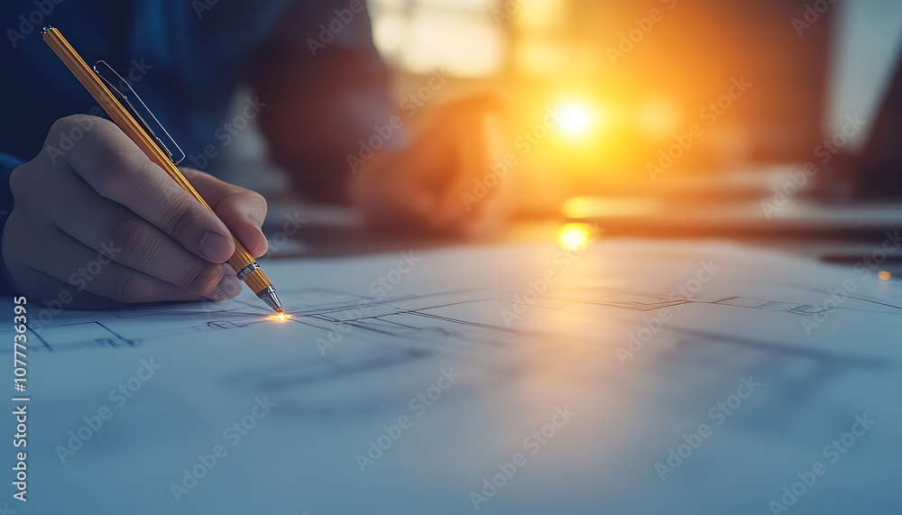 Leinwandbilder A person is sketching plans on paper while sunlight streams in, creating a warm atmosphere and highlighting their focus on the task.