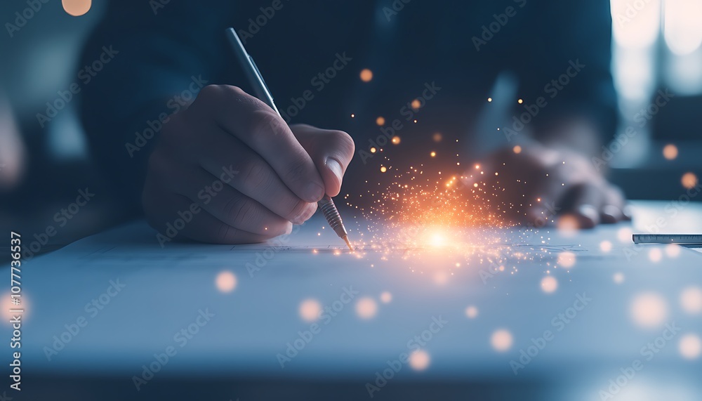 Poster a hand writing with a pen on paper, surrounded by glowing particles that suggest creativity or magic