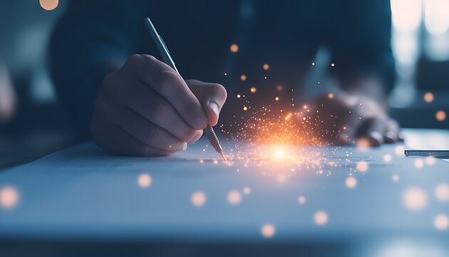 A hand writing with a pen on paper, surrounded by glowing particles that suggest creativity or magic in the act of creation.