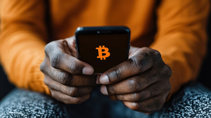 close up of hands holding smartphone displaying Bitcoin logo, showcasing digital currency engagement. warm tones and focused expression convey sense of modern finance