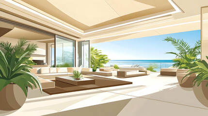 Modern patio with stunning ocean views and comfortable seating.