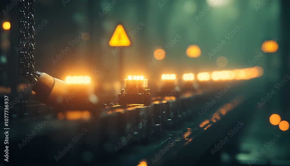 Poster a dimly lit industrial setting features glowing warning lights along a conveyor belt, creating an at