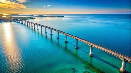 A concrete bridge stretches across an azure sea, its shadow dancing on the rippling surface, a testament to human ingenuity connecting distant shores.