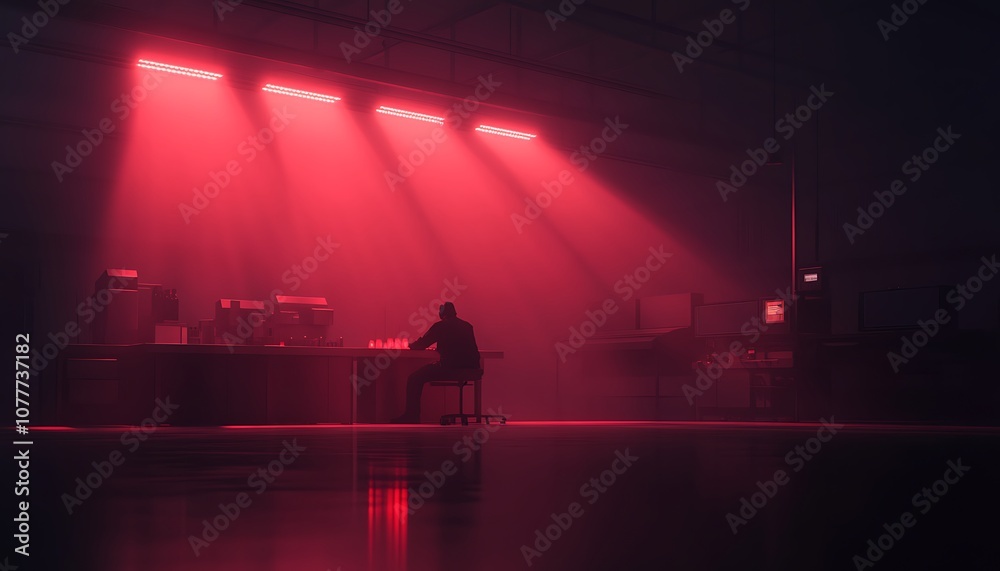 Aufkleber A solitary figure sits at a desk under dramatic red lighting, creating a moody and atmospheric scene with a sense of isolation.