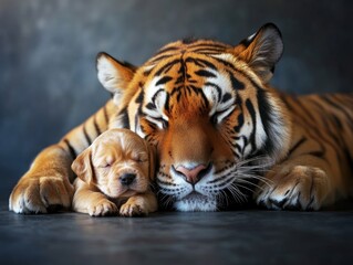 Naklejka premium A tiger and a puppy resting together in a serene moment of companionship.