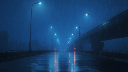 A rainy night on a city highway with streetlights and blurred car lights in the distance.
