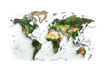 A map of the world with green mountains and brown hills