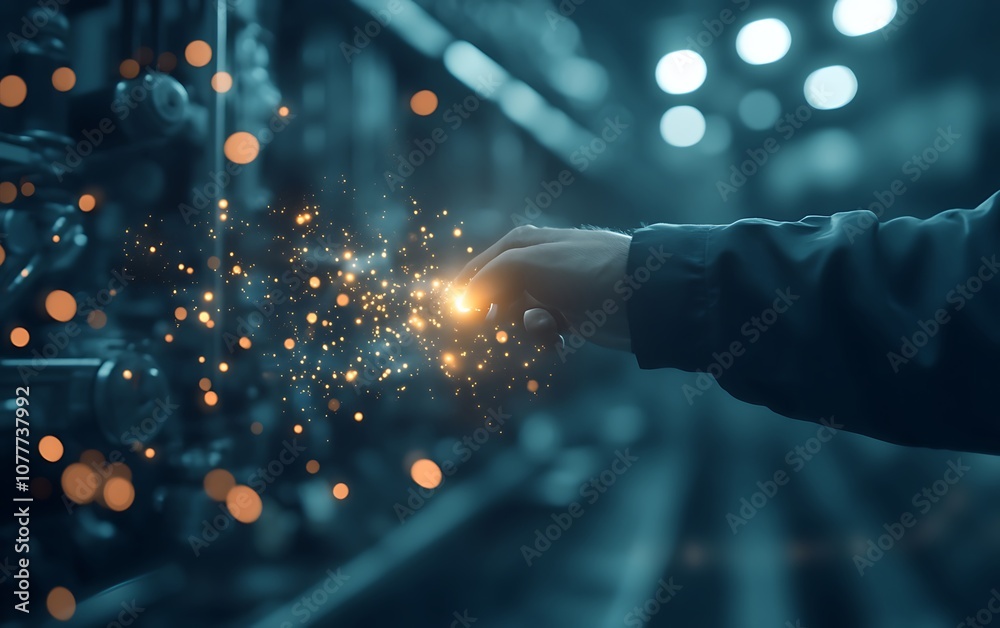 Aufkleber A hand reaches out, creating a spark of light amidst machinery, symbolizing innovation and technology's transformative power.