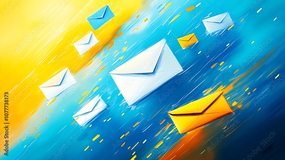 Aufkleber colorful abstract digital illustration of flying envelopes on dynamic blue and yellow background : g