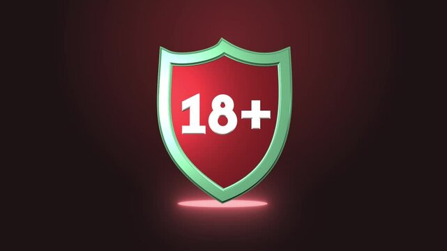 Shield with inscription 18 plus icon isolated on black background. Adults content only. Protection, safety, security, protect concept.