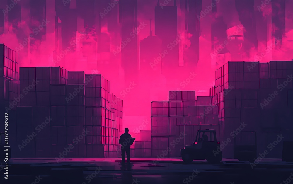 Poster a lone figure stands among towering crates in a surreal, neon-lit environment, creating a striking c