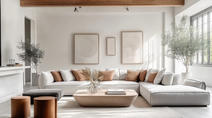 Rustic interior design of modern and nordic living room with grey sofa