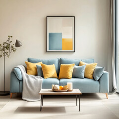 Blue sofa with yellow pillows  Scandinavian home interior design of modern living room
