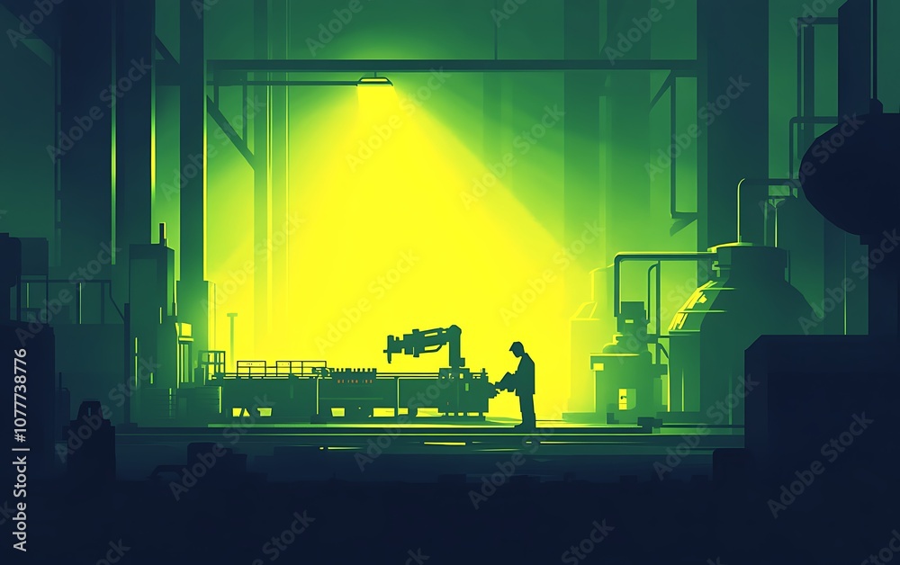 Aufkleber A silhouette of a worker interacts with a robotic arm in a dimly lit industrial setting, illuminated by an eerie green glow.