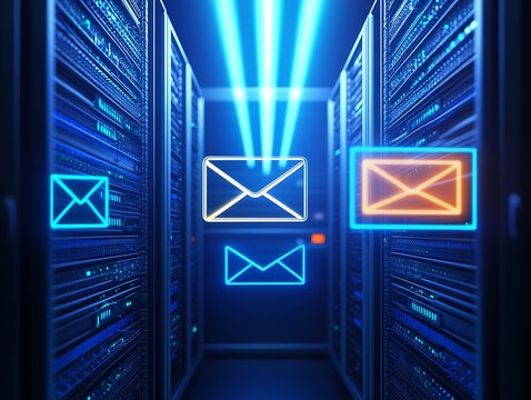 Futuristic data center with glowing email icons and advanced networking technology : Generative AI