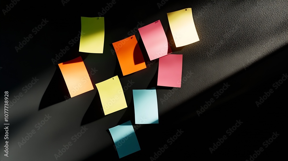 Aufkleber Colorful Sticky Notes Arranged Creatively on a Dark Background with Strategic Light and Shadow Play : Generative AI