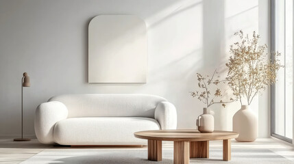 White and clean Minimalist living room , japandi interior design of modern