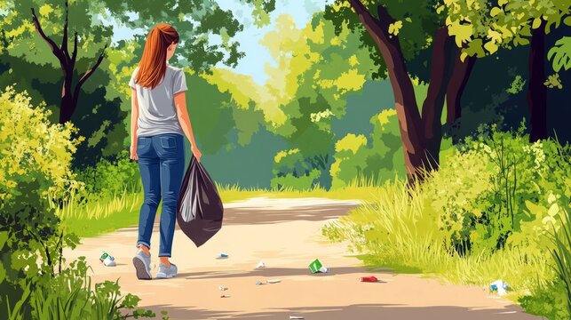 Woman picks up trash on a path in a park.