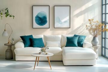 White sofa with teal pillows stucco wall  Minimalist interior design living room