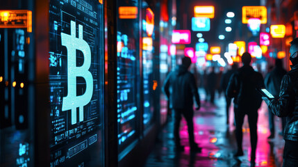 vibrant city street illuminated by neon lights features large Bitcoin symbol, showcasing futuristic atmosphere. People walk by, absorbed in their devices, reflecting tech savvy culture
