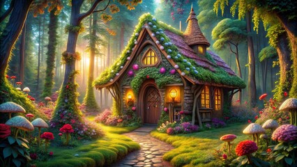Fototapeta premium A Mystical Cottage Nestled Amongst Lush Greenery, Enchanting Sunbeams Illuminating a Path Towards a Hidden Wonder