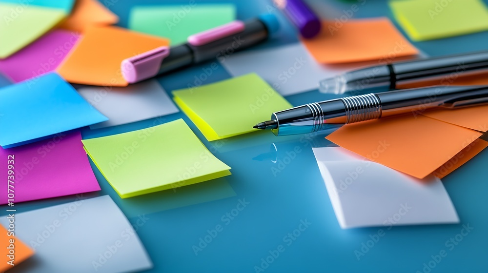 Poster colorful sticky notes and pen on glossy desk surface for office organization concepts : generative a