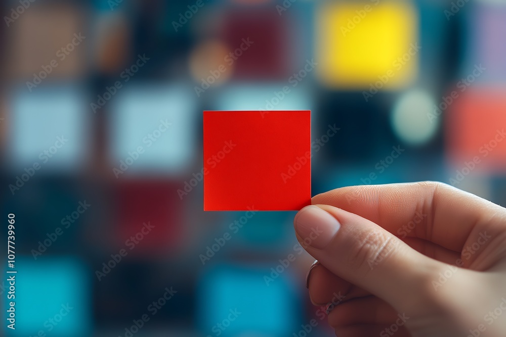 Poster Hand holding a red square card with colorful defocused geometric shapes in blurred background : Generative AI
