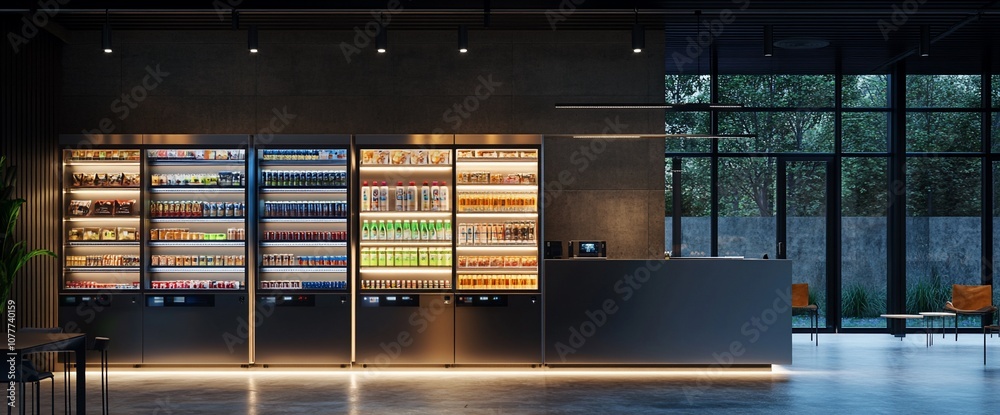 Poster Modern minimalist interior with a row of automated retail kiosks filled with products.