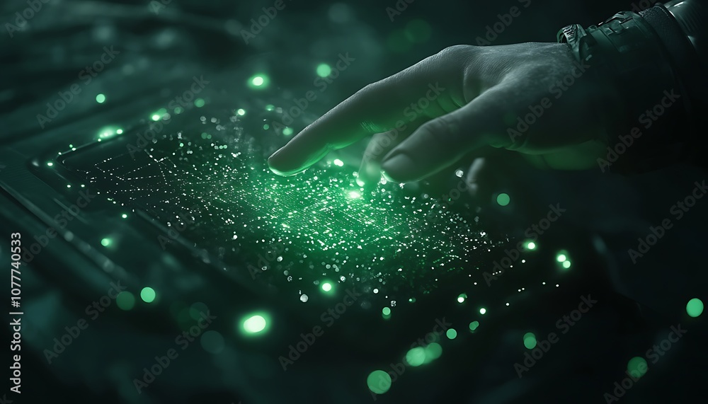 Aufkleber A hand interacts with glowing green particles against a dark backdrop, creating a mesmerizing display of light and energy.