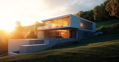 Obraz premium Contemporary Hillside Home with Expansive Windows at Sunset in Natural Setting : Generative AI
